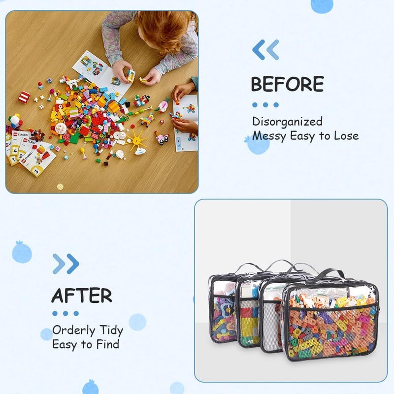 hotut PVC Toy Storage Bags,4Pcs Large PVC Storage Organizer Bags with Mesh Side Pockets,Clear Double Zipper Organizing Bags with Handle,Blocks Board Game Storage Organizer Case for Toys,Game Pieces - Image 3