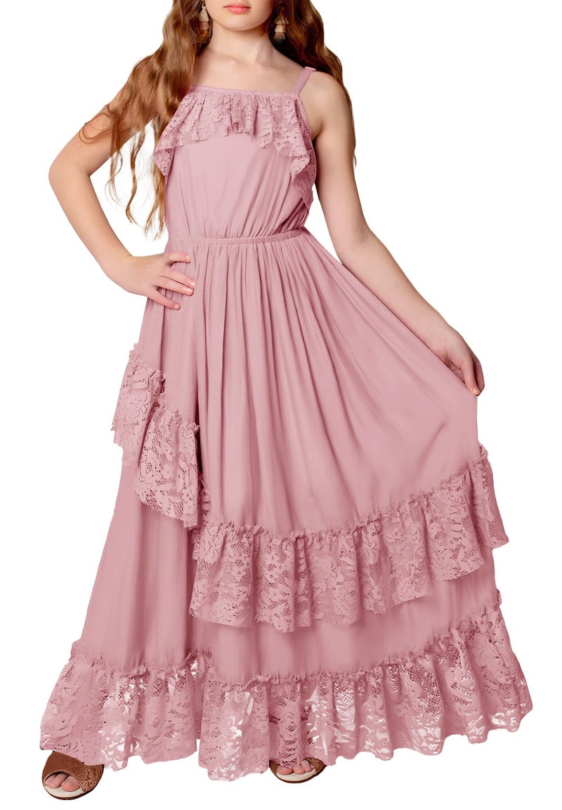 MITILLY Girls Boho Maxi Dress Cute Summer Spaghetti Strap A-Line Semi Formal Kids Graduation Dresses for Wedding Party 12 Years Pink - Image 1