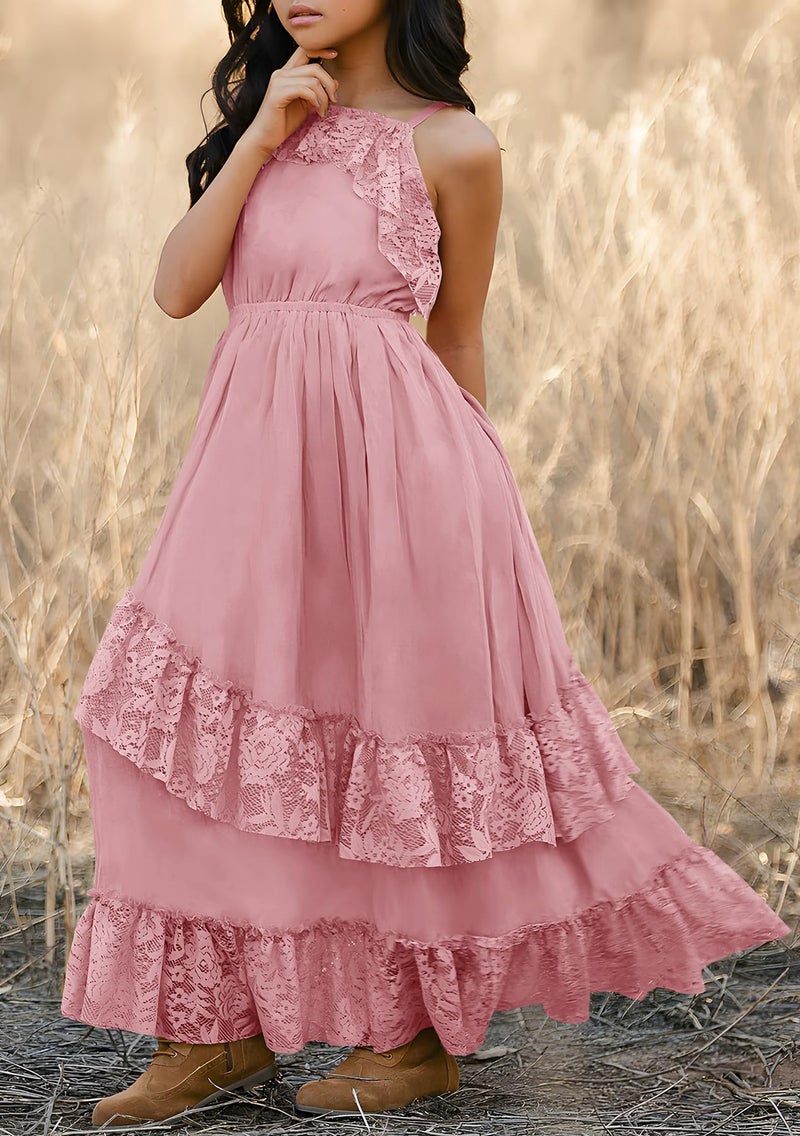 MITILLY Girls Boho Maxi Dress Cute Summer Spaghetti Strap A-Line Semi Formal Kids Graduation Dresses for Wedding Party 12 Years Pink - Image 2