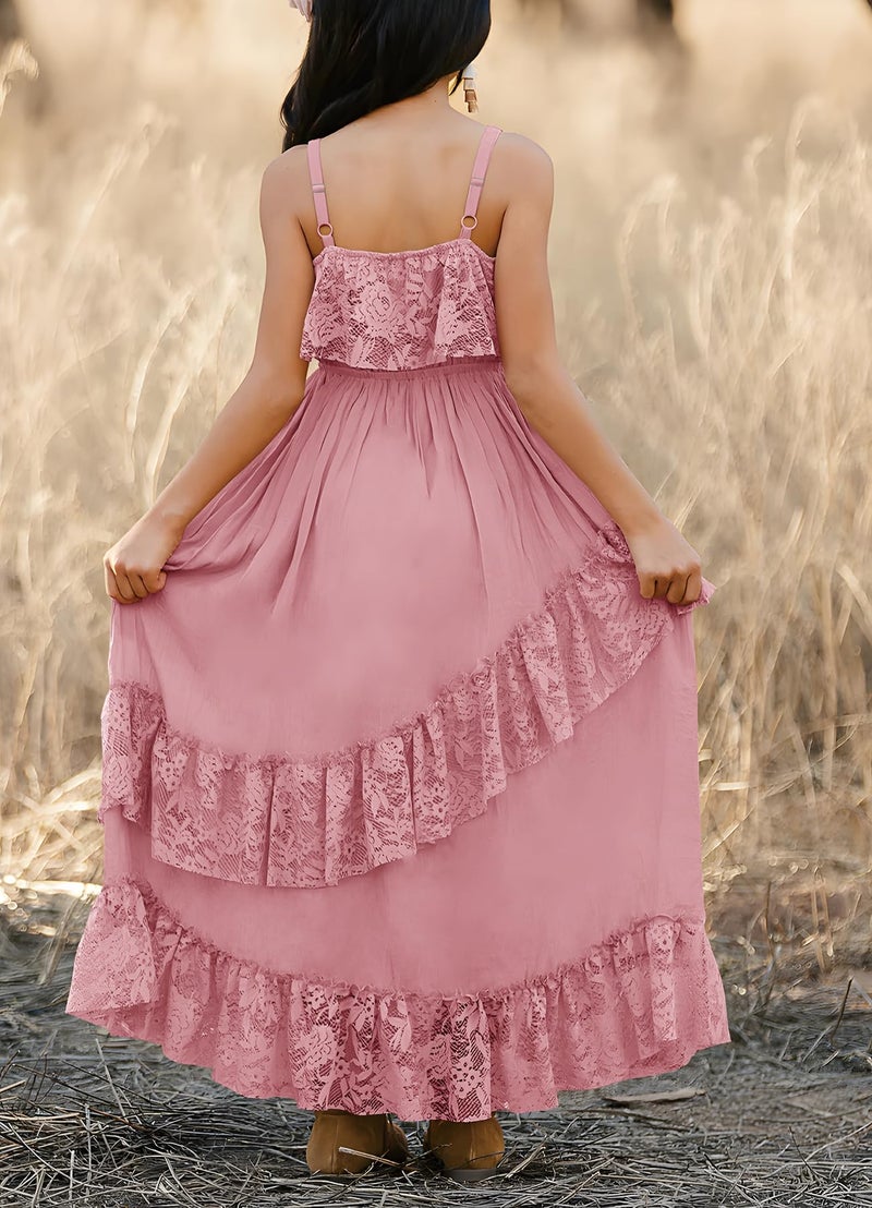 MITILLY Girls Boho Maxi Dress Cute Summer Spaghetti Strap A-Line Semi Formal Kids Graduation Dresses for Wedding Party 12 Years Pink - Image 4