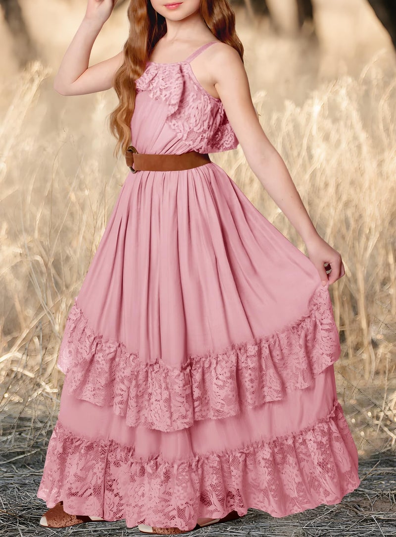 MITILLY Girls Boho Maxi Dress Cute Summer Spaghetti Strap A-Line Semi Formal Kids Graduation Dresses for Wedding Party 12 Years Pink - Image 5