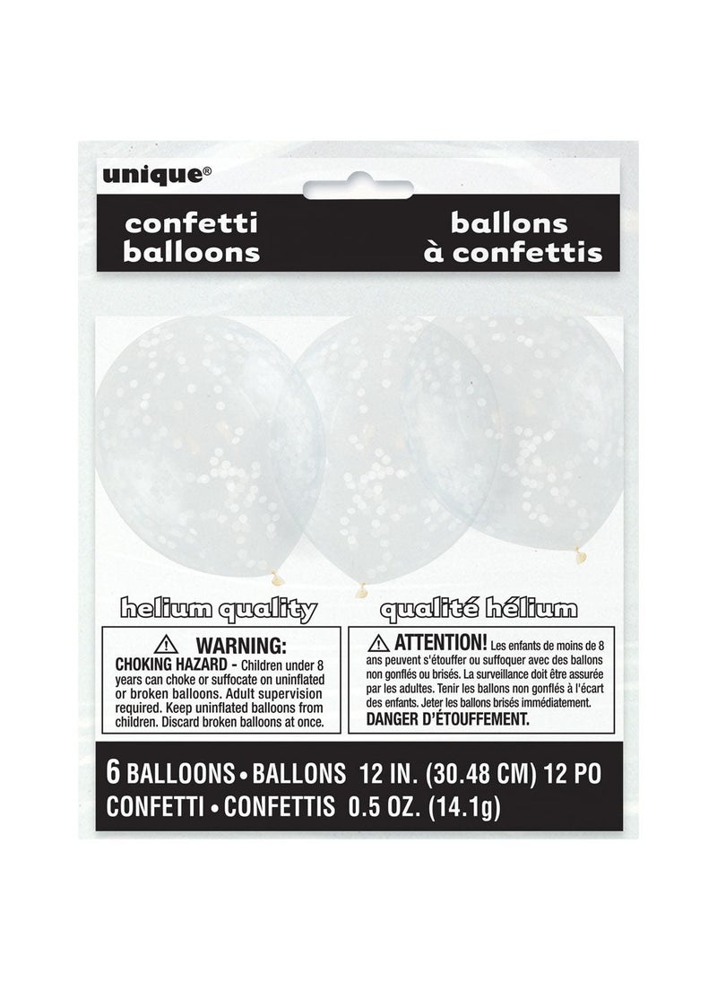 Unique Confetti Balloons White Transparent Latex 30 cm 6-Pack - Image 2