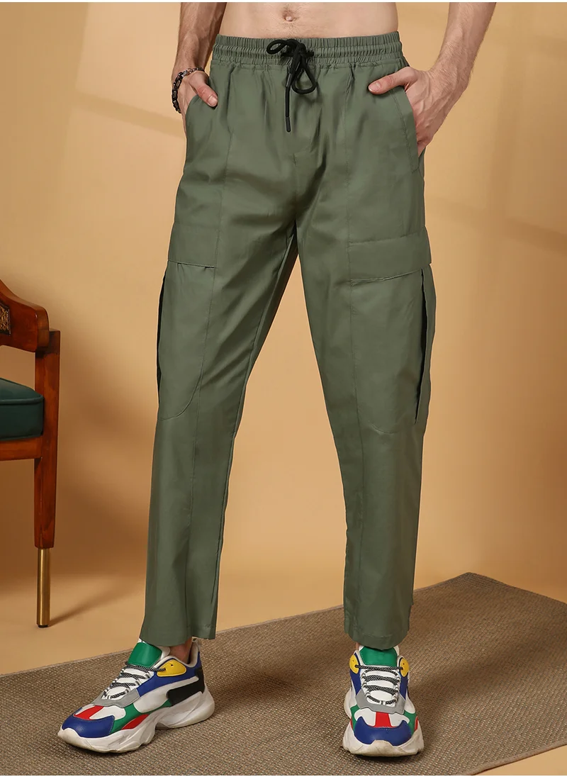 Campus Sutra Men's Olive Green Solid Utility Trousers