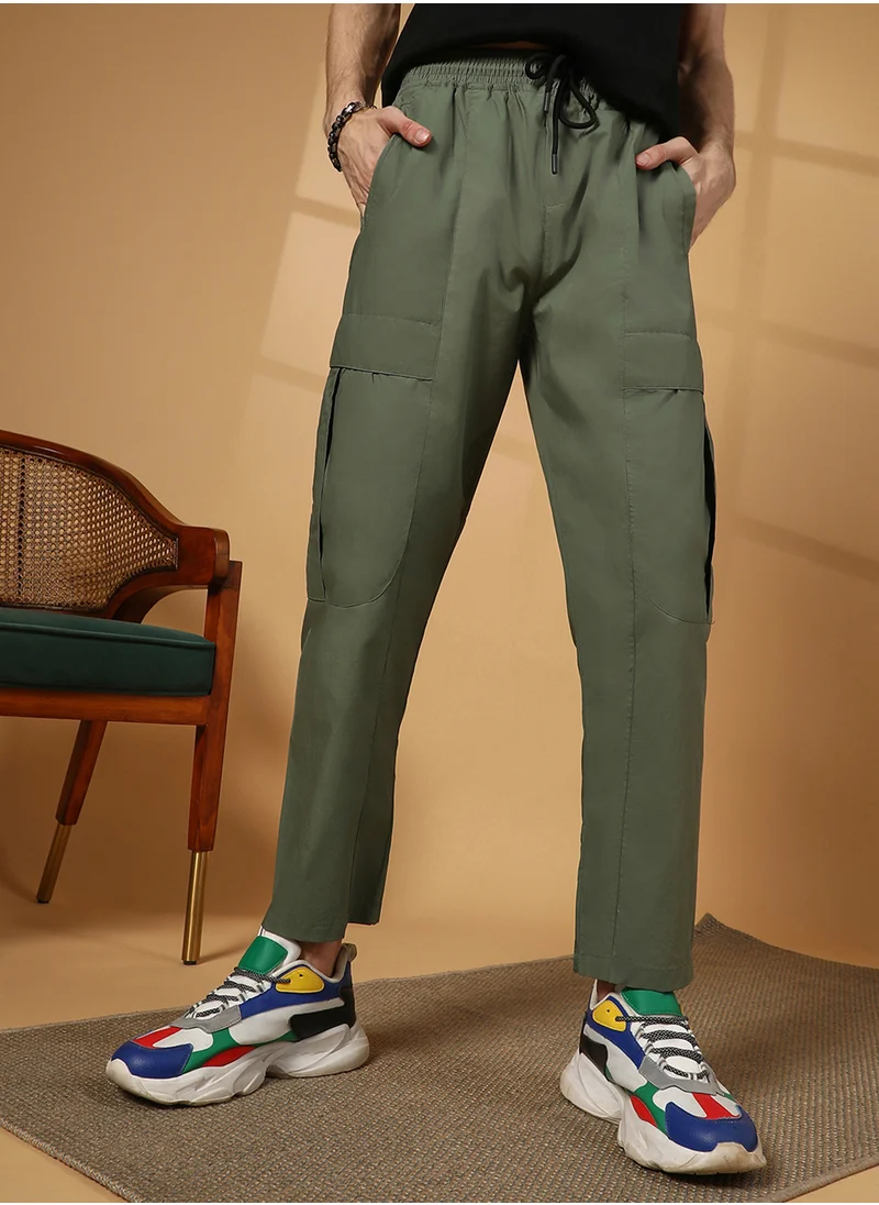 Campus Sutra Men's Olive Green Solid Utility Trousers