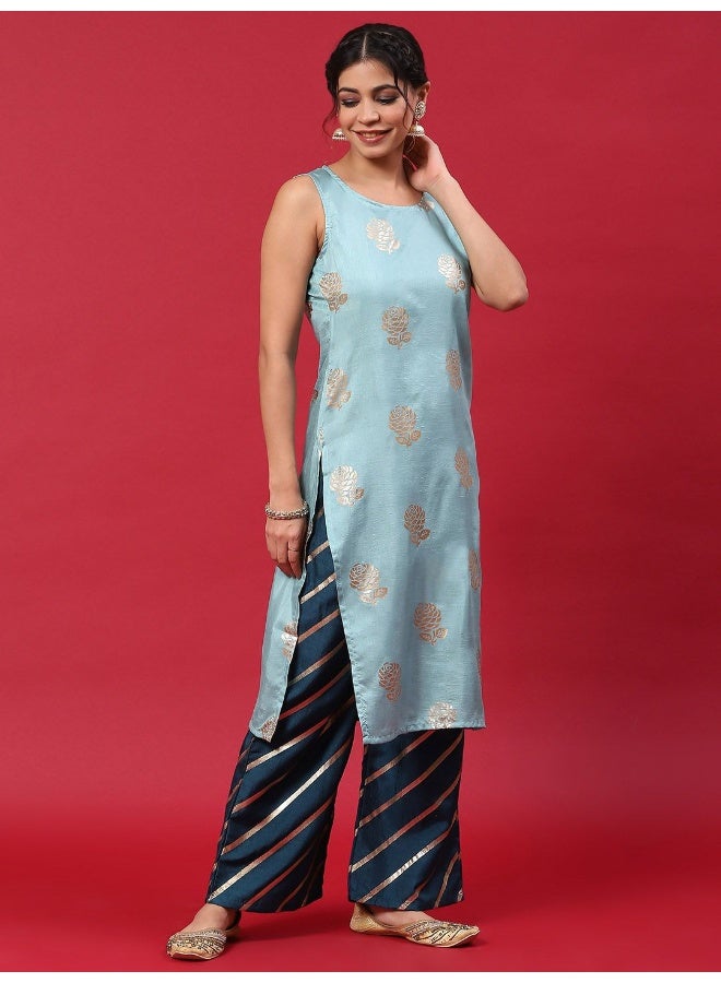 AKS Blue & Gold Printed Kurta & Palazzo With Dupatta Set  - Image 4