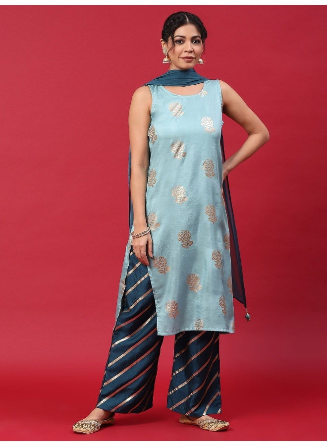 AKS Blue & Gold Printed Kurta & Palazzo With Dupatta Set  - Image 5
