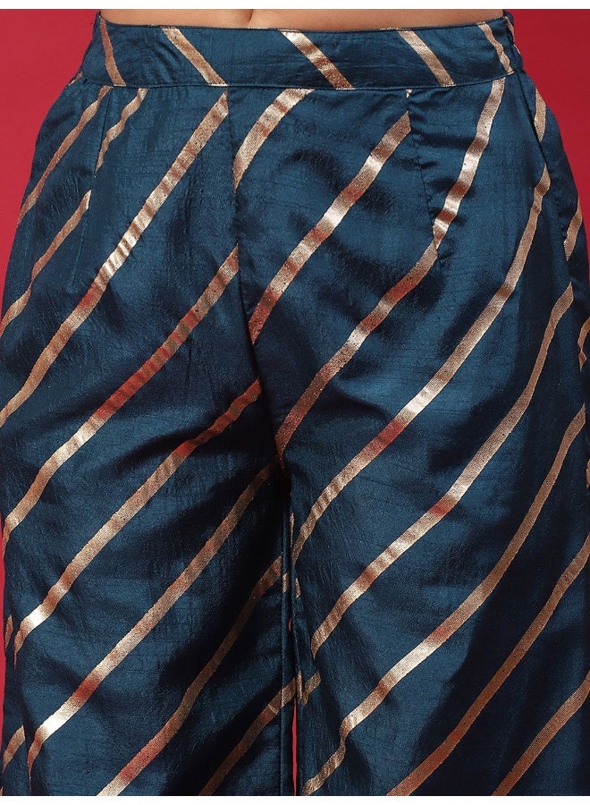 AKS Blue & Gold Printed Kurta & Palazzo With Dupatta Set  - Image 3