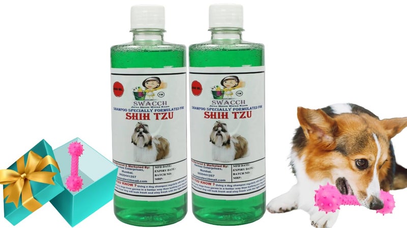 swacch Shih Tzu Dog Shampoo + Dumbbell Toy I Durable Rubber Dog Toy for Chewing I Playing,Teeth Cleaning & Training Toy I Combo Pack I 500ml Pack of 2 Neem Aloevra - Image 1