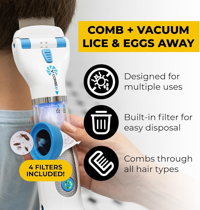 V-Comb A1 Rechargeable Chemical-Free Lice Removal Electric Comb, Pack of Refill Filters, Natural Head Lice Solution for Children & Adults, Electric Lice Vacuum Comb, for All Hair Types, Gentle Lice Care - Image 1