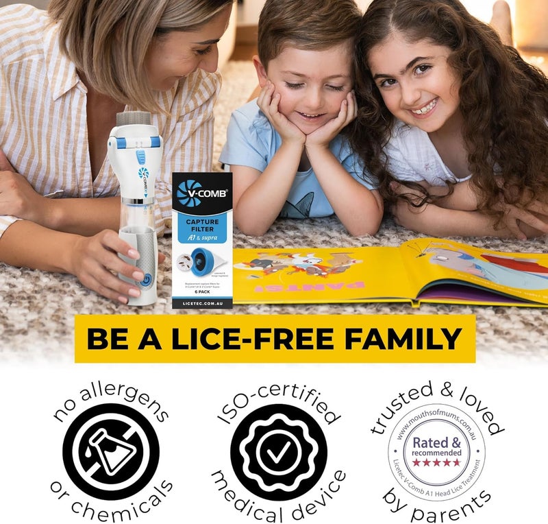 V-Comb A1 Rechargeable Chemical-Free Lice Removal Electric Comb, Pack of Refill Filters, Natural Head Lice Solution for Children & Adults, Electric Lice Vacuum Comb, for All Hair Types, Gentle Lice Care - Image 4