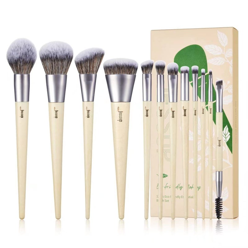 Jessup Vegan Makeup Brushes Set Premium Synthetic Powder Foundation Highlight Concealer Eyeshadow Blending Eyebrow Liner Spoolie Brush Set Burlywood 12pcs T327 - Image 1