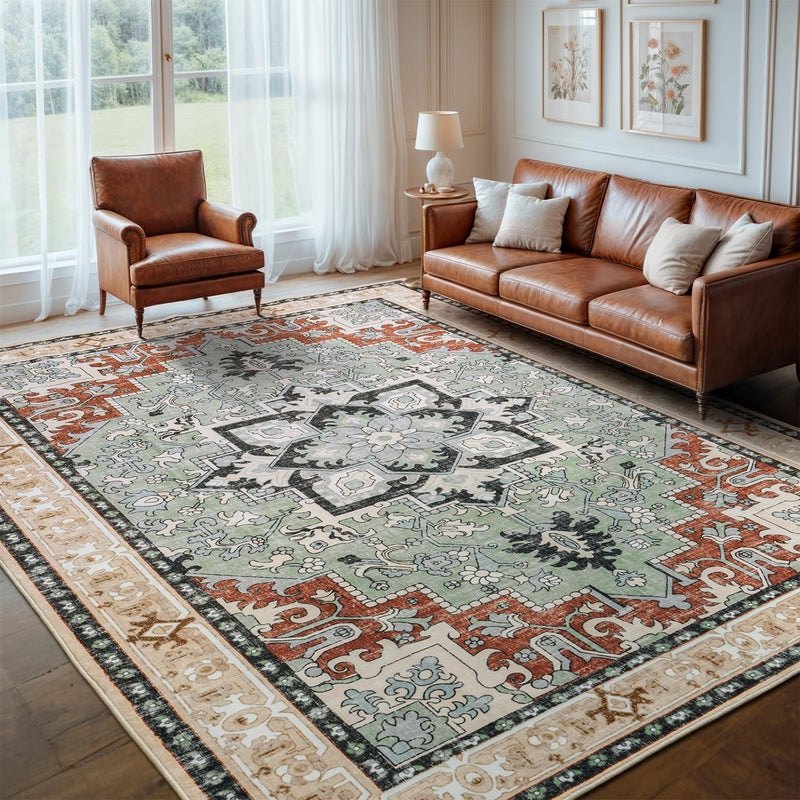 Lofus 8x10 Area Rugs, Large Area Rug for Living Room, Floral Washable Area Rug for Bedroom, Office, Dining Room, Non-Slip Vintage Boho Rug, Low-Pile Soft Carpet, Traditional Oriental Style, Beige Orange - Image 1