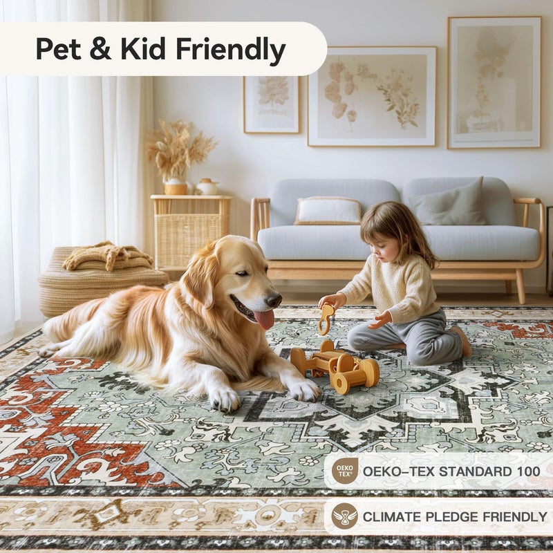 Lofus 8x10 Area Rugs, Large Area Rug for Living Room, Floral Washable Area Rug for Bedroom, Office, Dining Room, Non-Slip Vintage Boho Rug, Low-Pile Soft Carpet, Traditional Oriental Style, Beige Orange - Image 5