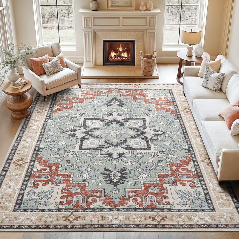 Lofus 8x10 Area Rugs, Large Area Rug for Living Room, Floral Washable Area Rug for Bedroom, Office, Dining Room, Non-Slip Vintage Boho Rug, Low-Pile Soft Carpet, Traditional Oriental Style, Beige Orange - Image 2