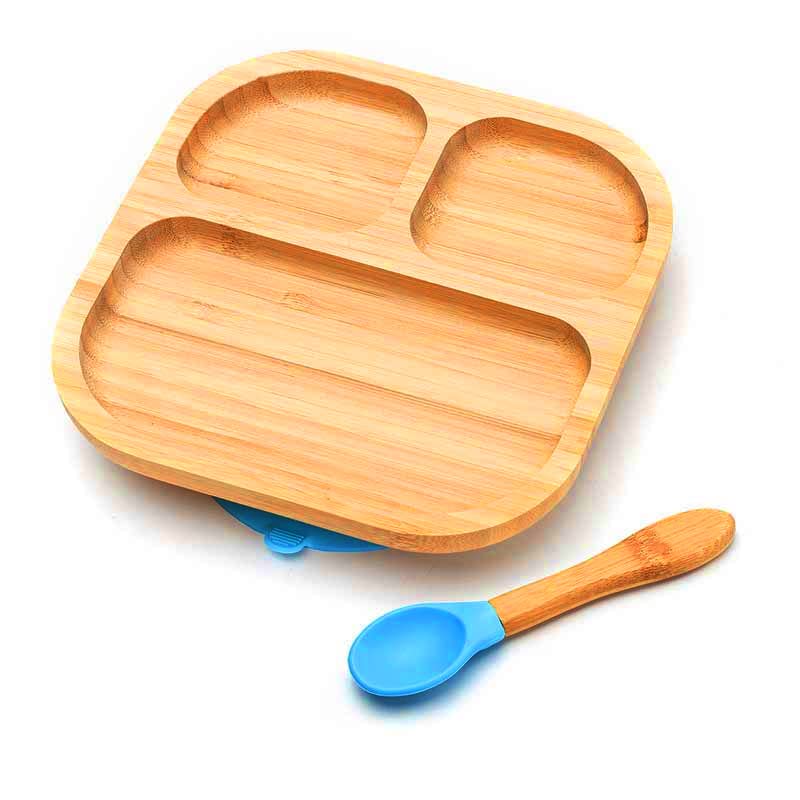 Youkoo kitchen Baby Toddler Stay Put Dish, Kids Suction Plate, Bamboo Cute Dinnerware (Blue) - Image 1