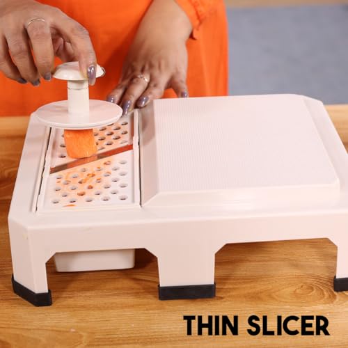 Madhuli 3 in 1 Vegetable & Fruit Slicer Cutter & Chopping Board with Safety Holder, Grater with Steel Blade, Shredder, Salad Maker, Mandoline, Chipser, Slicing Potato Chips, Chopper for Kitchen - Image 5