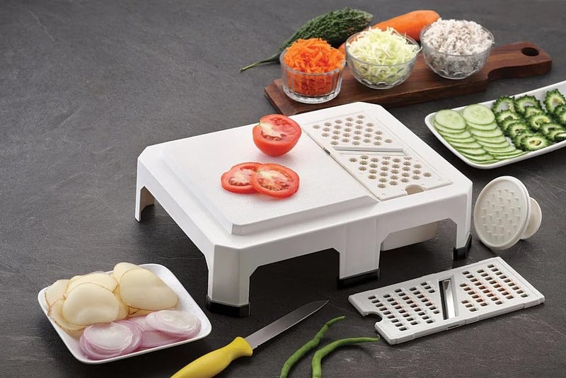 Madhuli 3 in 1 Vegetable & Fruit Slicer Cutter & Chopping Board with Safety Holder, Grater with Steel Blade, Shredder, Salad Maker, Mandoline, Chipser, Slicing Potato Chips, Chopper for Kitchen - Image 3