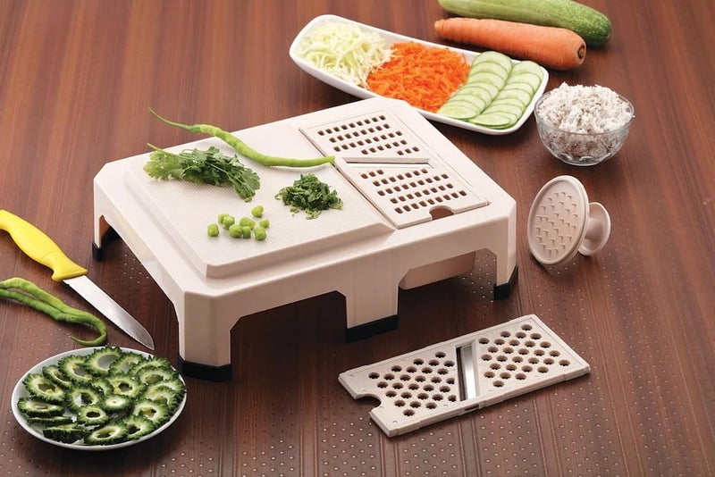 Madhuli 3 in 1 Vegetable & Fruit Slicer Cutter & Chopping Board with Safety Holder, Grater with Steel Blade, Shredder, Salad Maker, Mandoline, Chipser, Slicing Potato Chips, Chopper for Kitchen - Image 1