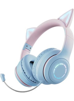 Bluetooth Headphones With Microphone,Rgb Led Light Up Cat Ear Headphones,3G Wireless 5.0 Foldable Stereo Gaming Headset,Compatible Cellphone/Pc/Laptop/Tablet/Tv With Usb Cable-Blue