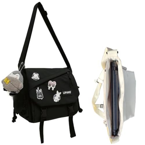 INSHERE Aesthetic Crossbody laptop Bag, 15.6 Inch laptop messenger bag for women men, Cute Shoulder Bag with Cute Pins and Ornament Black - Image 1
