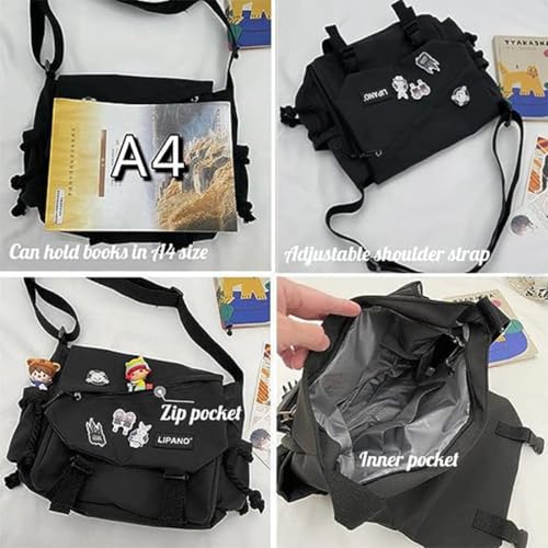INSHERE Aesthetic Crossbody laptop Bag, 15.6 Inch laptop messenger bag for women men, Cute Shoulder Bag with Cute Pins and Ornament Black - Image 4
