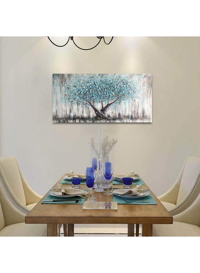 ARJUN Arjun Tree Wall Art Teal Blue Nature Tree of Life Abstract Canvas Painting Textured Picture, Modern Large Panoramic Landscape Artwork Framed for Living Room Bedroom Bathroom Office Home Decor 40"x20" - Image 5