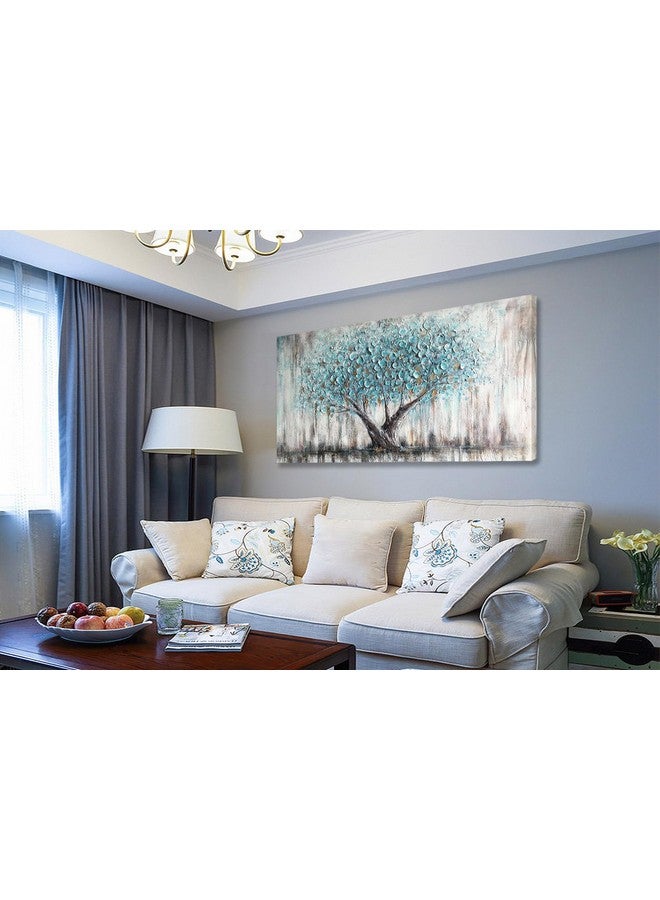ARJUN Arjun Tree Wall Art Teal Blue Nature Tree of Life Abstract Canvas Painting Textured Picture, Modern Large Panoramic Landscape Artwork Framed for Living Room Bedroom Bathroom Office Home Decor 40"x20" - Image 4