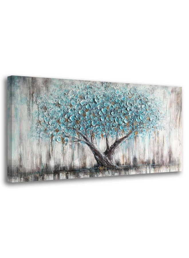 ARJUN Arjun Tree Wall Art Teal Blue Nature Tree of Life Abstract Canvas Painting Textured Picture, Modern Large Panoramic Landscape Artwork Framed for Living Room Bedroom Bathroom Office Home Decor 40"x20" - Image 1