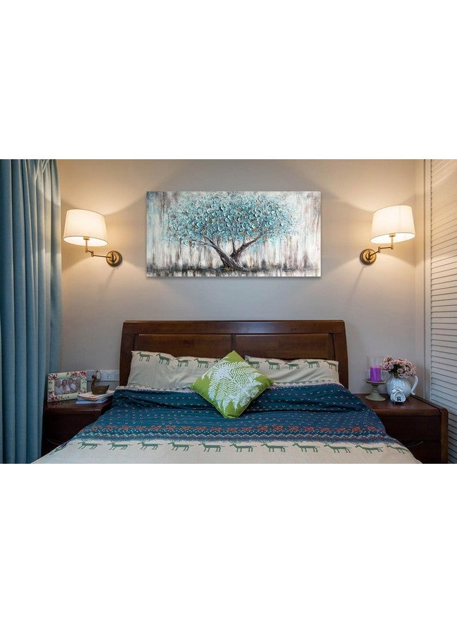 ARJUN Arjun Tree Wall Art Teal Blue Nature Tree of Life Abstract Canvas Painting Textured Picture, Modern Large Panoramic Landscape Artwork Framed for Living Room Bedroom Bathroom Office Home Decor 40"x20" - Image 3