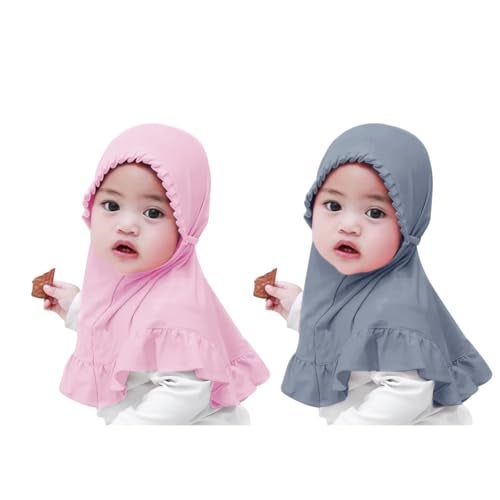 PURFUN 2Pcs Lovely Floral Hijab for Little Girls, Soft One Piece Muslim Scarf Bonnet Turban Kids Stretchy Islamic Arab Middle East Ramadan Instant Hijab Head Scarf Headwear for 2-6 Yrs - Image 1