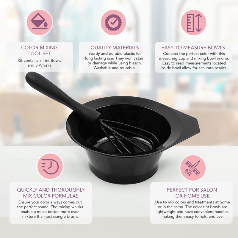 Salon Supply Co Hair Dye Bowl and Whisk Set - 3 Salon Mixing Bowls and 3 Color Whisks - Professional Hair Color Mixing Kit with Tint Bowls and Mixers for Hair Dye Application - Image 3