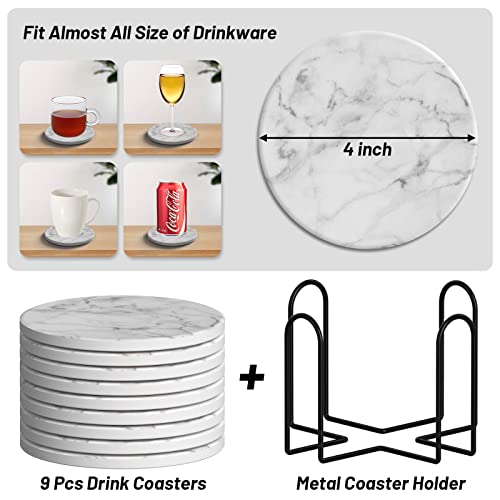 Billbotk 9 Pieces Ceramic Coasters for Drinks with Holder, Absorbent Drink Coasters for Coffee Table, Marble Style Coasters Wooden Table, Suitable for Kinds of Cups, 4 Inches - Image 3