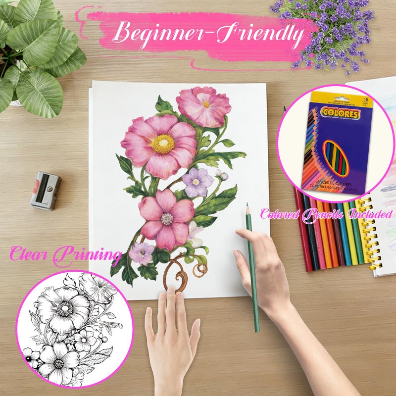 Cbcmpica Beautiful Adult Coloring Book Set with 18-Color Pencil Set - Coloring Books for Adults Relaxation Adult Coloring Book for Women Gifts.Elegant Art Style with 35 Patterns. - Image 4