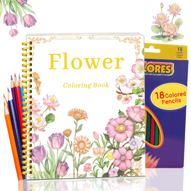 Cbcmpica Beautiful Adult Coloring Book Set with 18-Color Pencil Set - Coloring Books for Adults Relaxation Adult Coloring Book for Women Gifts.Elegant Art Style with 35 Patterns. - Image 1