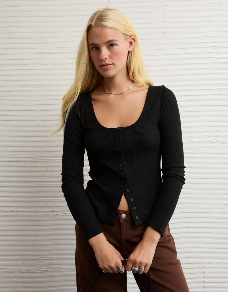 American Eagle AE Waffle Long Sleeve Button-Up Tee