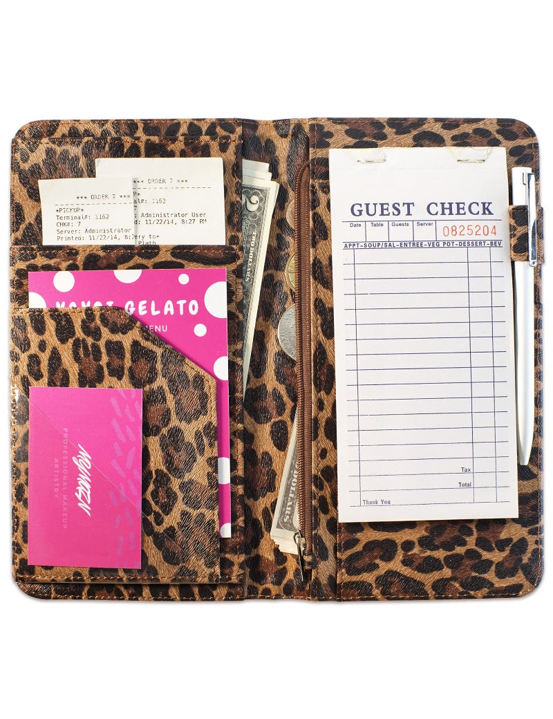 Server Book for Waitress Book with Zipper Pocket 5x9 Leopard Magnetic Closure Server Wallet with Money Pocket and Zipper Pouch Restaurant Waitstaff Organizer Fit Server Apron