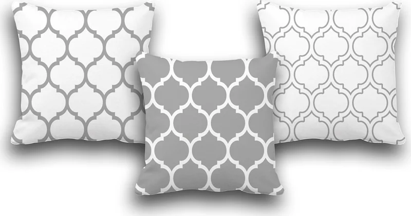Pusula Home Double Sided Set of 3 Gray Ogee Pattern Digital Printed Throw Pillow Cover