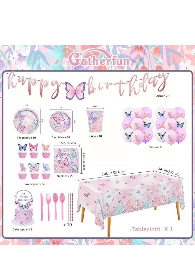 TRASSLE 104Pcs Butterfly Birthday Party Supplies Serve 10,Includes Disposable Paper Plates Napkins Cups Tablecloth Ballons and Banner for Butterfly Girl Party Birthday Decorations - Image 2