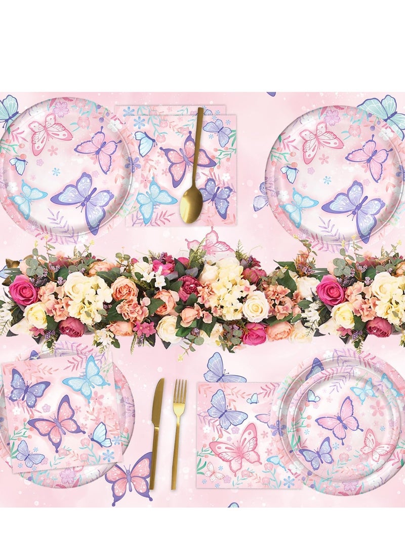 TRASSLE 104Pcs Butterfly Birthday Party Supplies Serve 10,Includes Disposable Paper Plates Napkins Cups Tablecloth Ballons and Banner for Butterfly Girl Party Birthday Decorations - Image 5