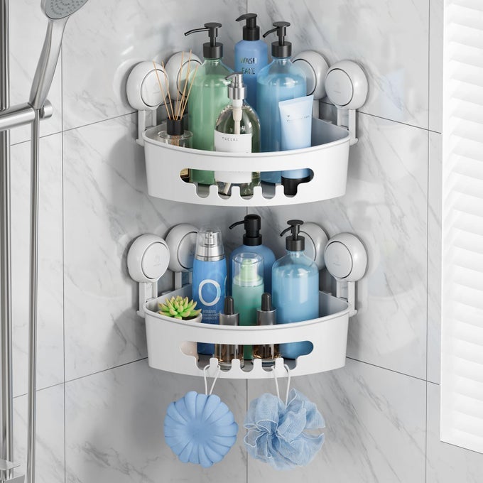 SUCTION CORNER SHOWER CADDY BATHROOM SHOWER SHELF STORAGE BASKET WALL MOUNTED ORGANIZER FOR SHAMPOO CONDITIONER PLASTIC SHOWER RACK FOR KITCHEN BATHROOM DRILLFREE REMOVABLE 2 PACK