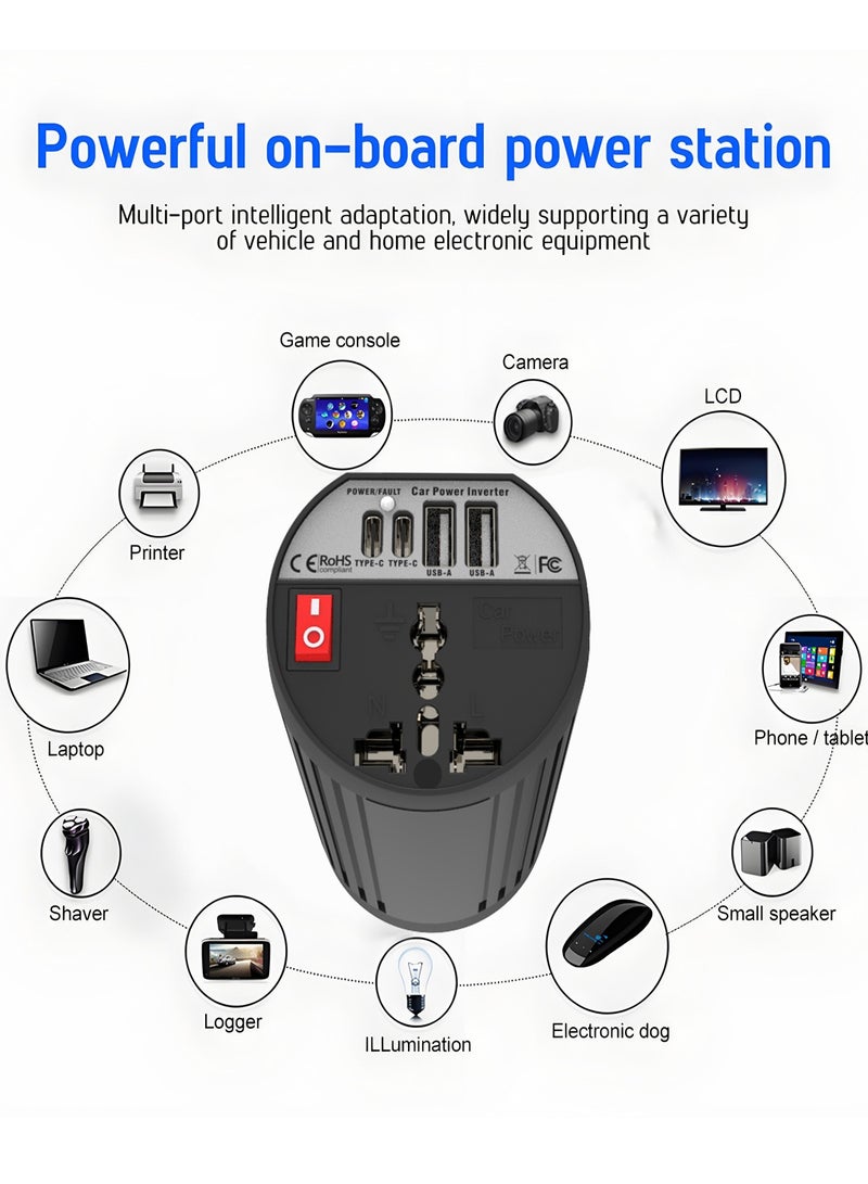 Car inverter 12V Fast Charging Adapter output voltage 220V-230V, Output power 200W-400W, AC power plugs, 2 USB sockets and 2 TYPE-C sockets For Safe Charging Compatible With iPhone  iPad Samsung Galaxy Airpods Earbuds Apple Watch Etc - Image 5