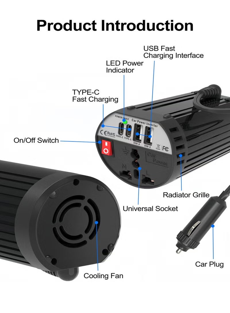 Car inverter 12V Fast Charging Adapter output voltage 220V-230V, Output power 200W-400W, AC power plugs, 2 USB sockets and 2 TYPE-C sockets For Safe Charging Compatible With iPhone  iPad Samsung Galaxy Airpods Earbuds Apple Watch Etc - Image 4