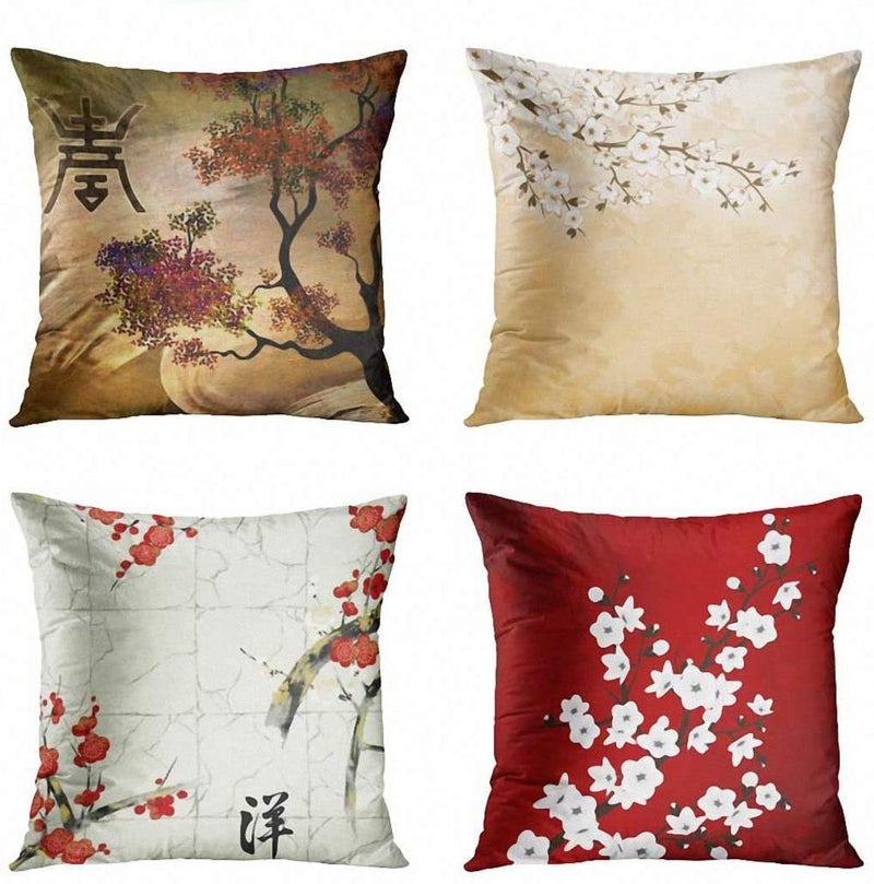 ArtSocket Set of 4 Throw Pillow Covers Japanese Zen Tree Eastern Nature Home Flowers Cherry Blossom Beige Cream Decorative Pillow Cases Home Decor Square 22x22 Inches Pillowcases - Image 1
