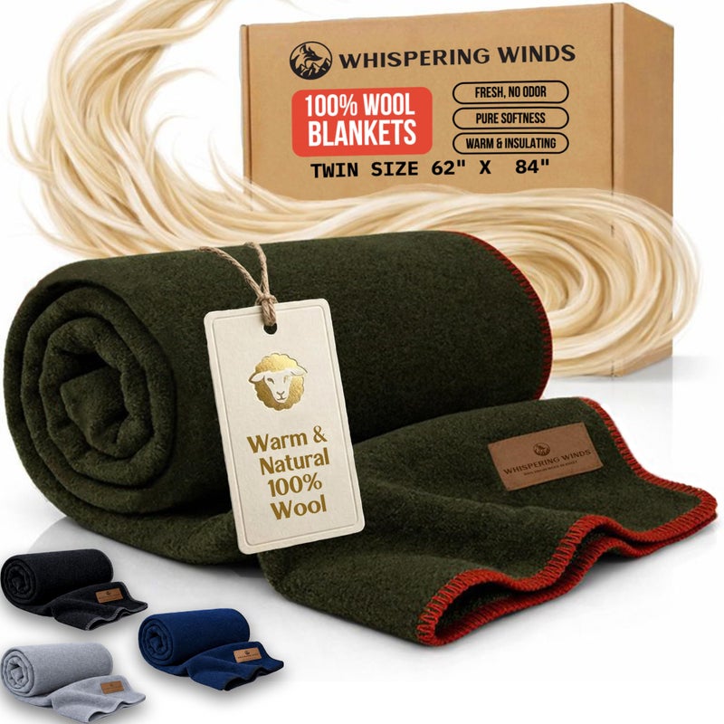 Whispering Winds 100% Wool Blanket - Premium Ultra-Soft & Warm, Twin 62"x 84" Large Size Blanket for Couch, Bed, Home, Camping & Outdoors - Image 1