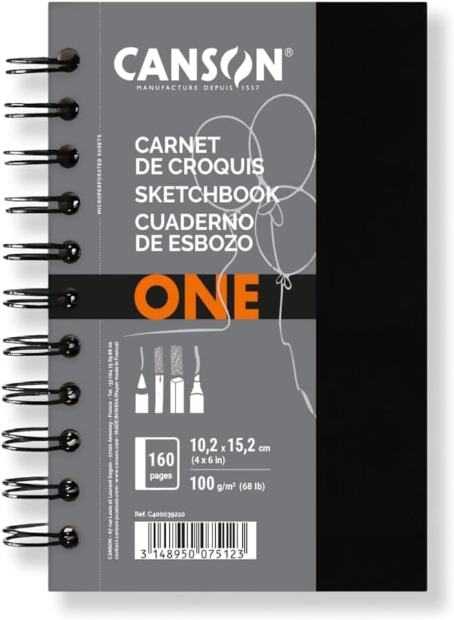 Canson One Art Book, Sketch Book, Light Grade, 100 g, Spiral Notebook, 4x6 Inches, White, 80 Sheets
