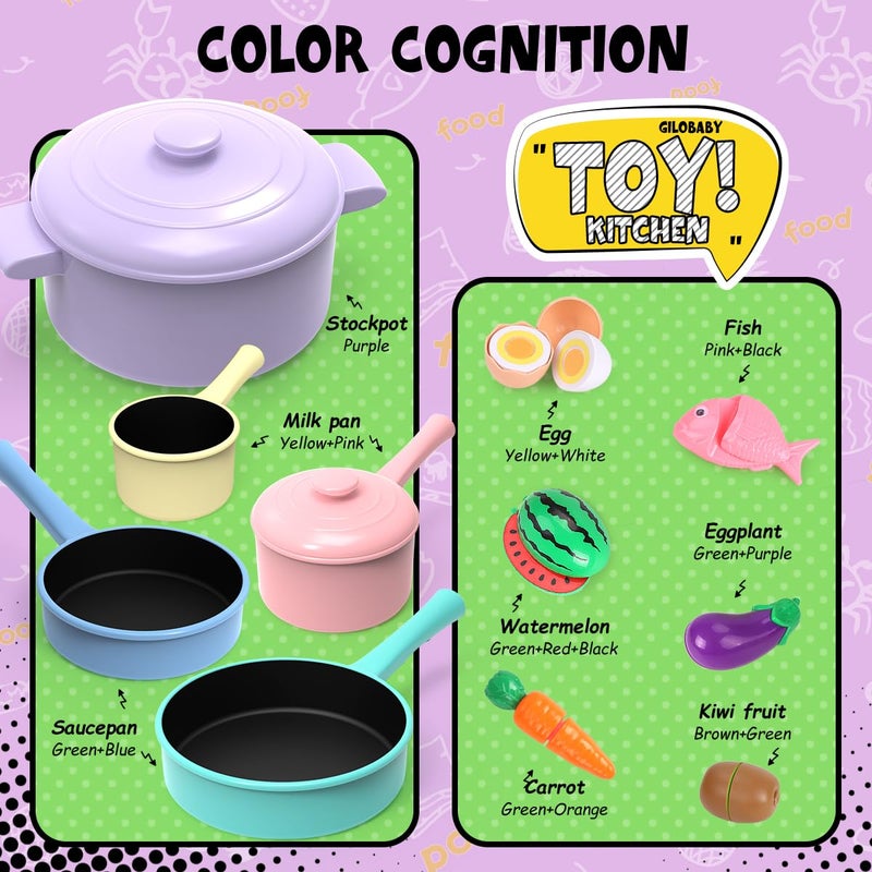 GILOBABY Play Kitchen Accessories, Play Food Sets for Kids Kitchen Playset with Pots and Pans Set, Cooking Utensils, Preschool Learning Education Toys for Toddlers, Birthday Gifts for Girls (Pink) - Image 2