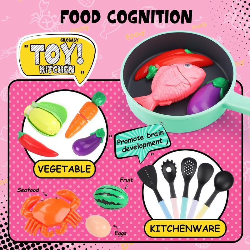 GILOBABY Play Kitchen Accessories, Play Food Sets for Kids Kitchen Playset with Pots and Pans Set, Cooking Utensils, Preschool Learning Education Toys for Toddlers, Birthday Gifts for Girls (Pink) - Image 3