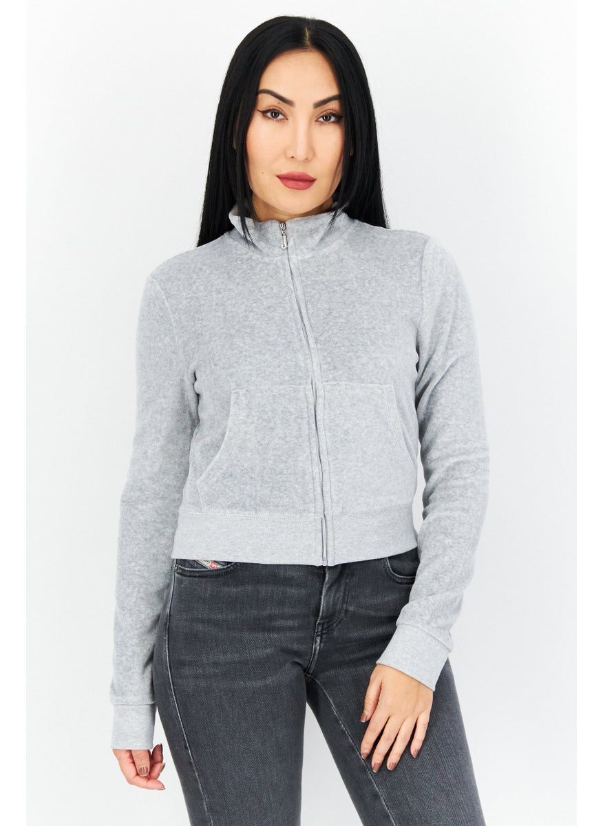 Juicy Couture - بلوزة نسائية ذات ياقة مرتفعة بأكمام طويلة، رمادي مائل إلى الأزرق - Image 1