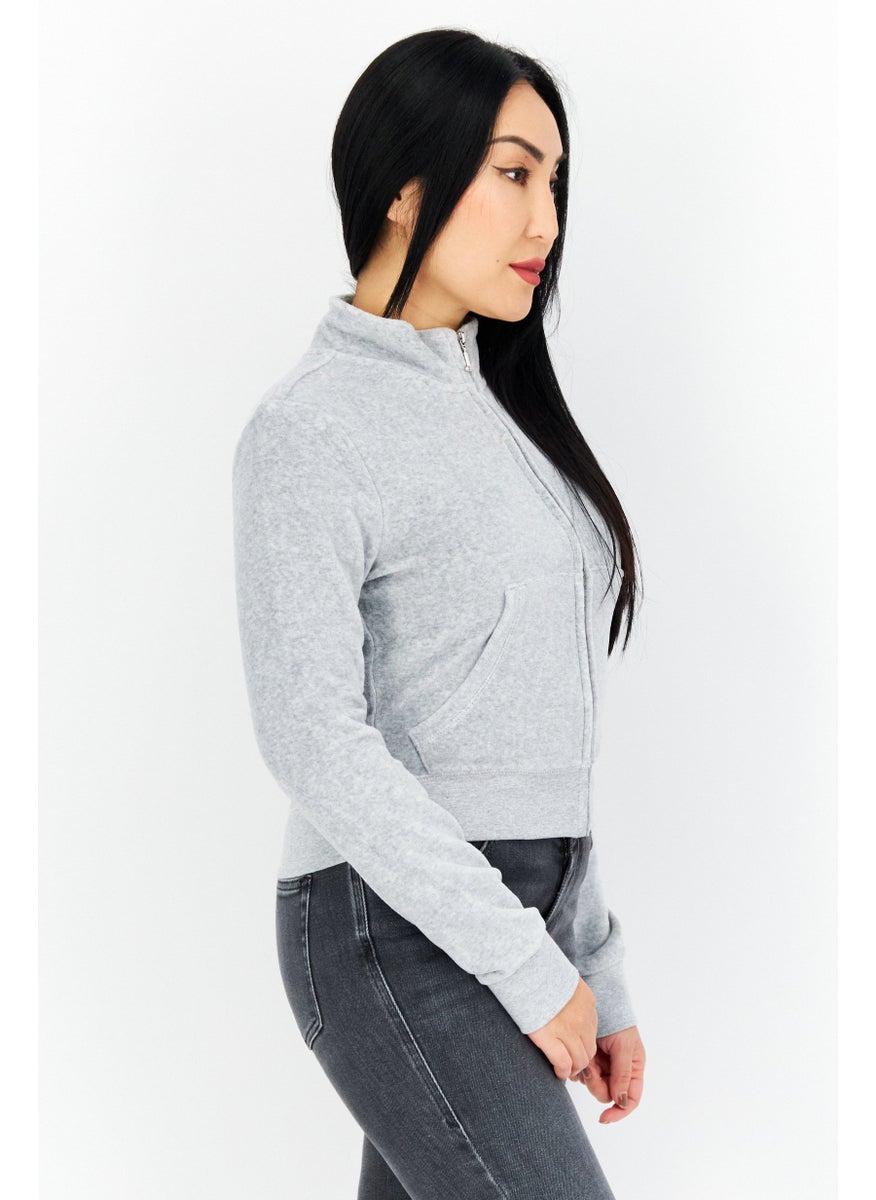 Juicy Couture - بلوزة نسائية ذات ياقة مرتفعة بأكمام طويلة، رمادي مائل إلى الأزرق - Image 1