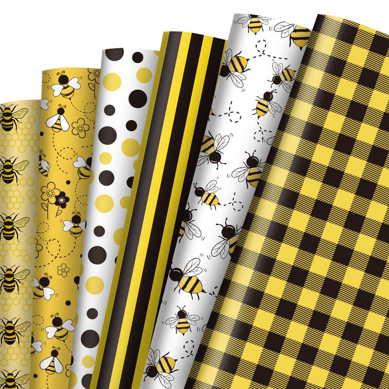 Whaline 12 Sheet Bee Wrapping Paper 6 Style Bumblebee Pattern Wrapping Paper Yellow Black Plaids Stripes Dots Art Paper Folded Flat for Spring Summer Holiday Birthday Gift Wrap DIY Craft 197 x 276